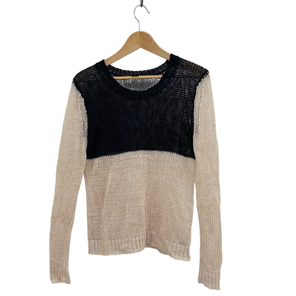 Theory Adoncia Dedalo Linen Open Knit Colorblock Sweater Navy Beige Size Small